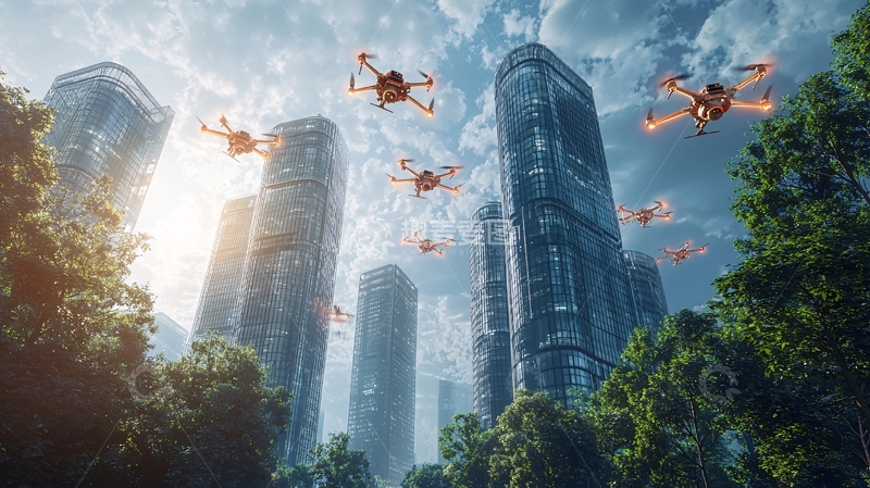 高清大图下载【趣麦麦图】无人机群飞越未来都市