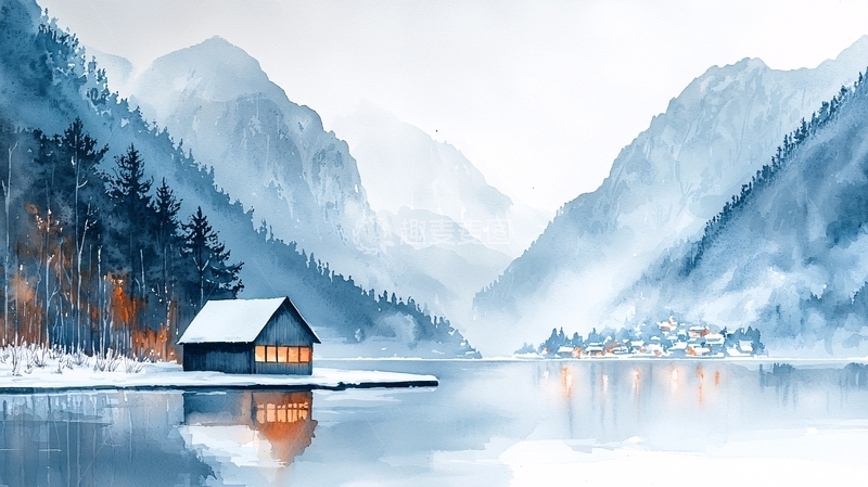 高清大图下载【趣麦麦图】湖边小屋被雪覆盖