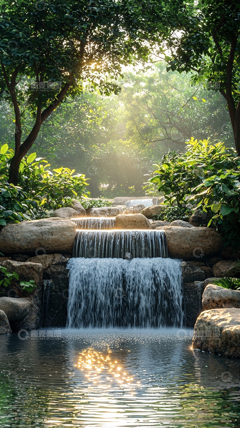 高清大图下载【趣麦麦图】阳光下的森林瀑布