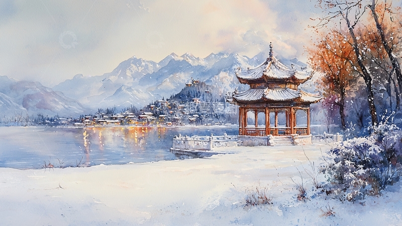 高清大图下载【趣麦麦图】冬日雪景亭台水墨画