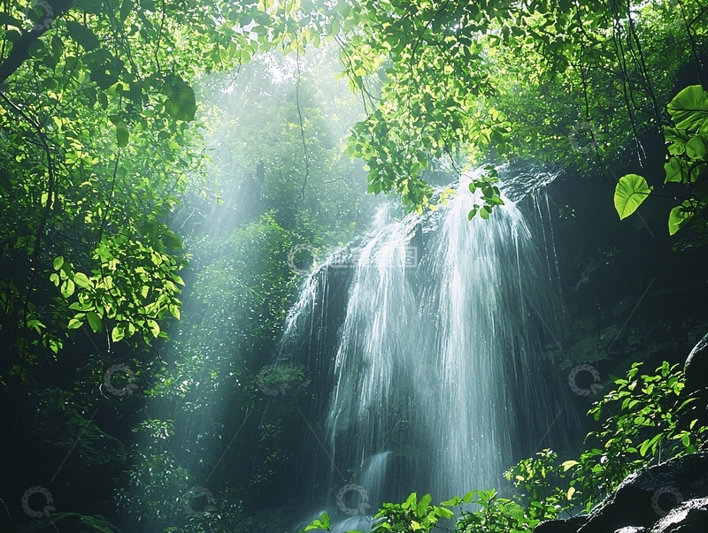 高清大图下载【趣麦麦图】阳光森林瀑布
