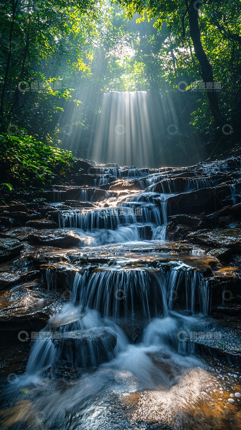 高清大图下载【趣麦麦图】阳光穿透森林的瀑布