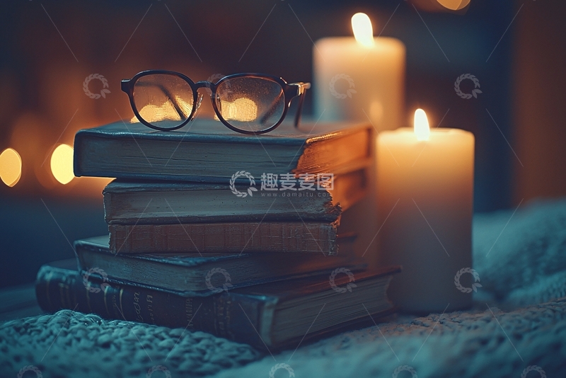 高清大图下载【趣麦麦图】温暖烛光下的书籍