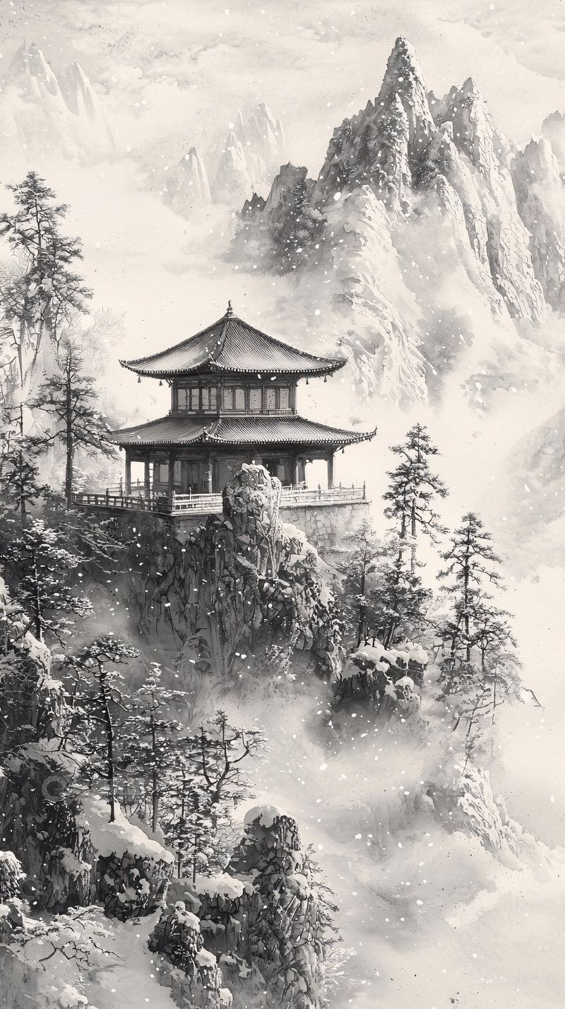 高清大图下载【趣麦麦图】水墨风山巅楼阁