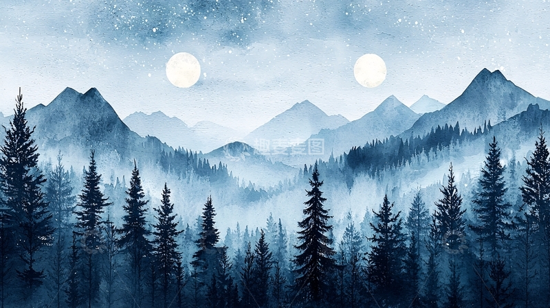 高清大图下载【趣麦麦图】蓝色山水画意境深远