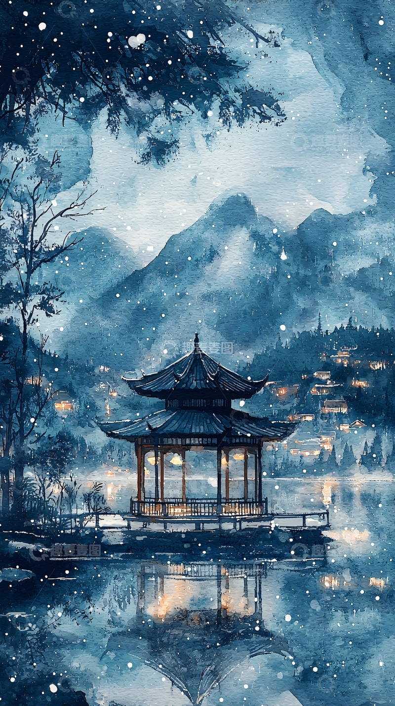 高清大图下载【趣麦麦图】水墨风亭台雪景山水图