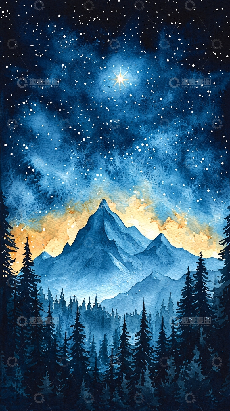 高清大图下载【趣麦麦图】星空下的山峰森林水彩画
