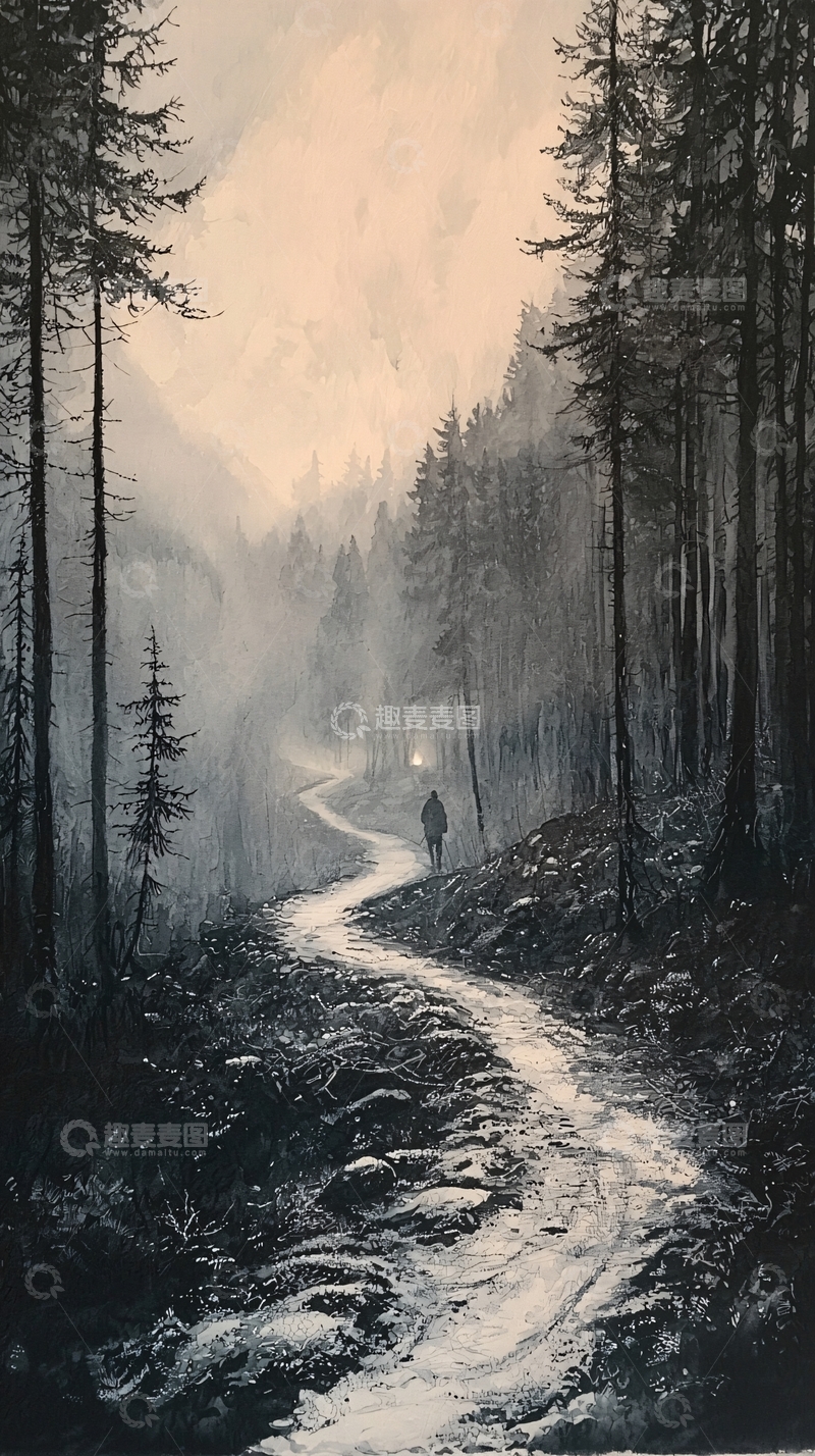 高清大图下载【趣麦麦图】森林小路上的孤独身影