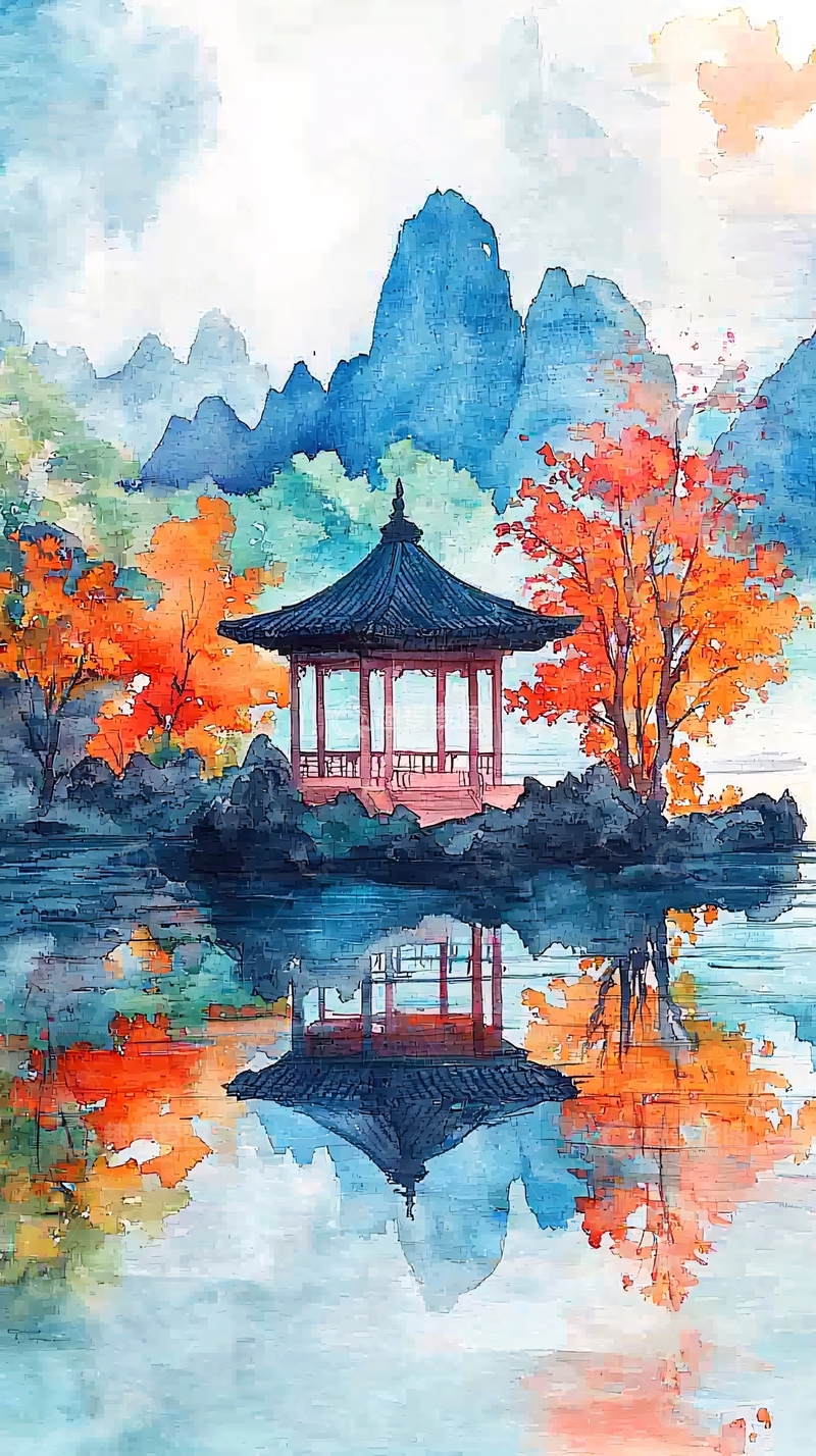 高清大图下载【趣麦麦图】水彩风景亭台楼阁