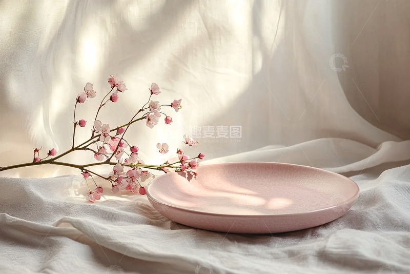 高清大图下载【趣麦麦图】粉色陶瓷盘与花枝