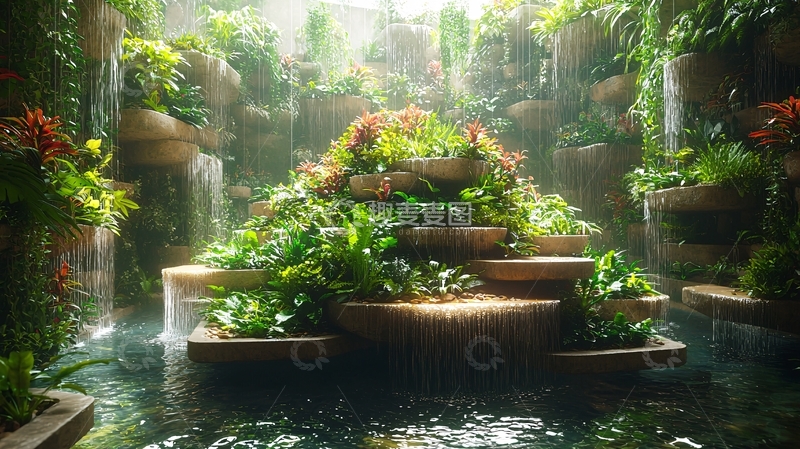 高清大图下载【趣麦麦图】室内瀑布绿植景观