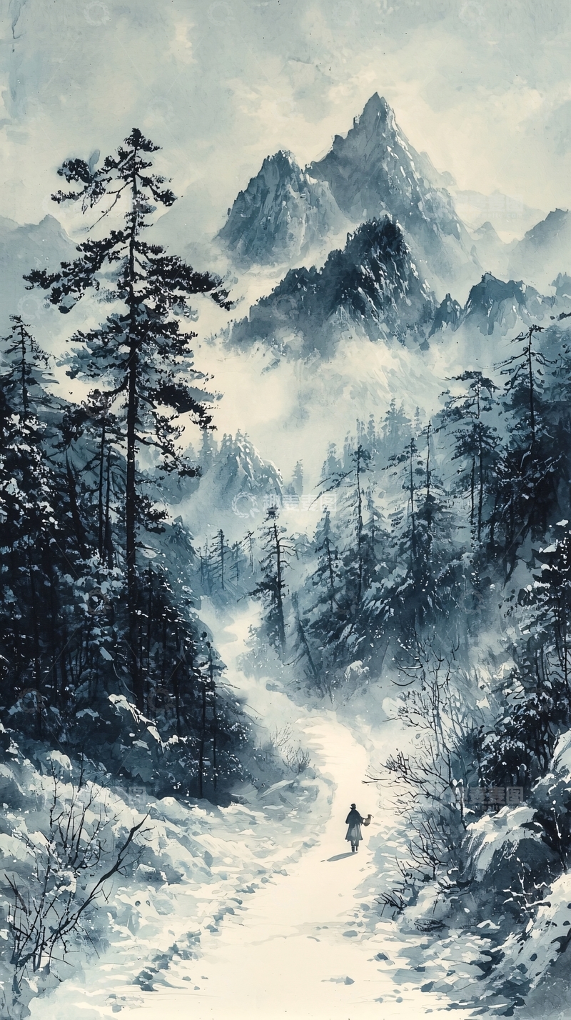 高清大图下载【趣麦麦图】雪山森林小路人物背影