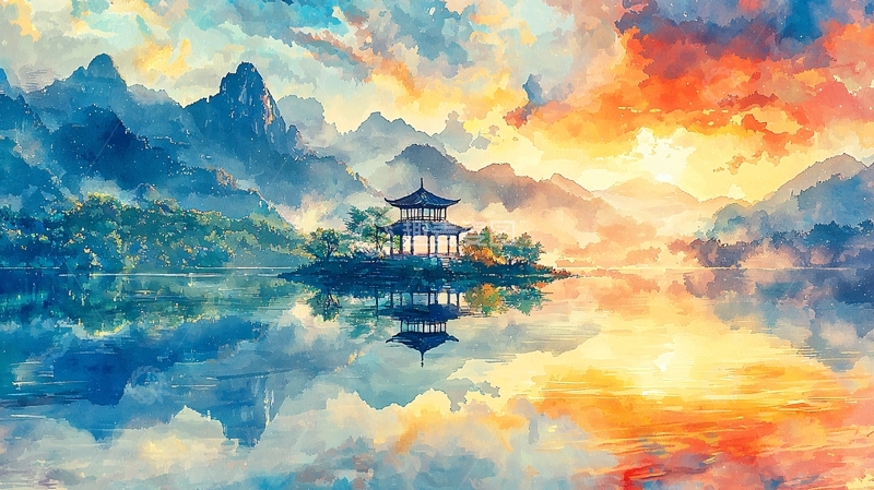 高清大图下载【趣麦麦图】水墨山水亭台