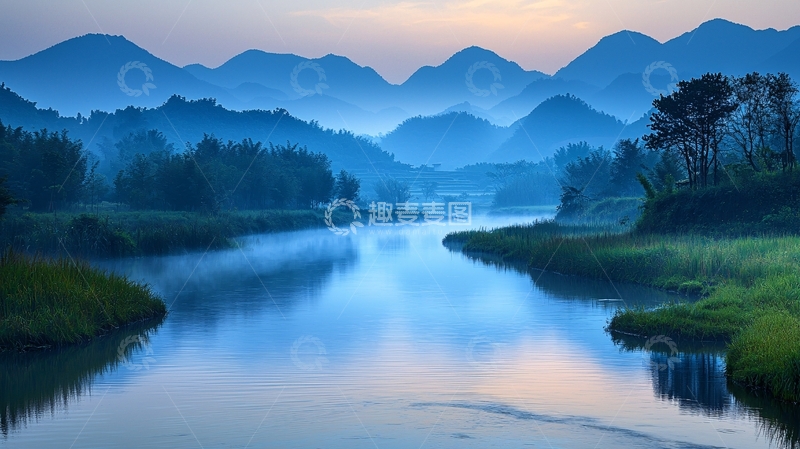高清大图下载【趣麦麦图】宁静的蓝色山水风景