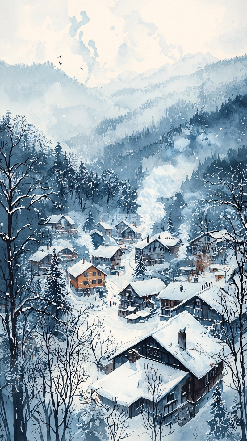 高清大图下载【趣麦麦图】雪山村庄水彩画