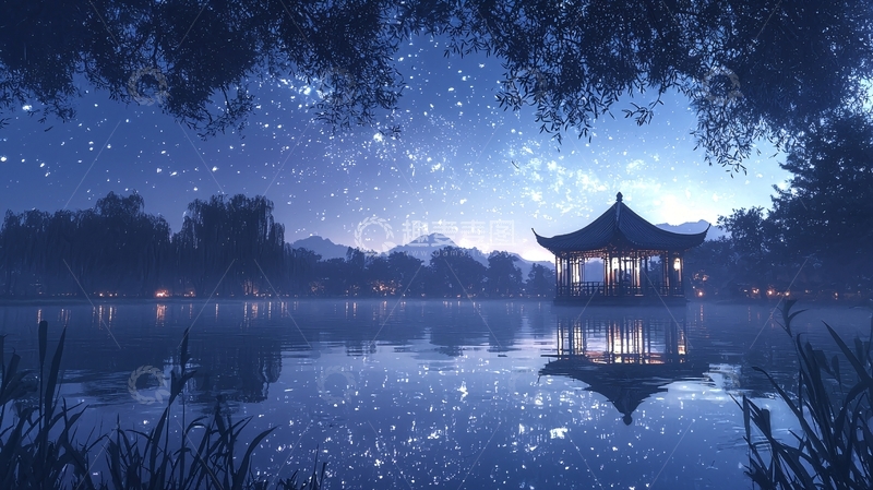 高清大图下载【趣麦麦图】夜空下的湖边亭子