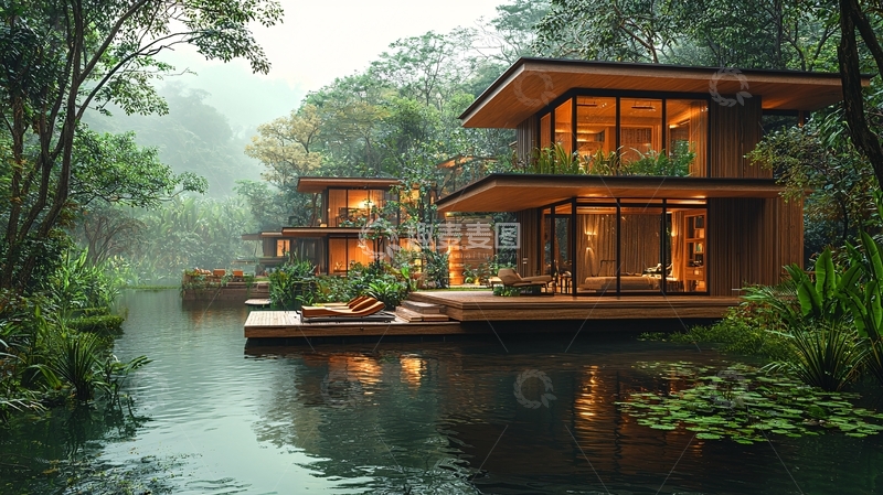 高清大图下载【趣麦麦图】森林湖泊现代别墅