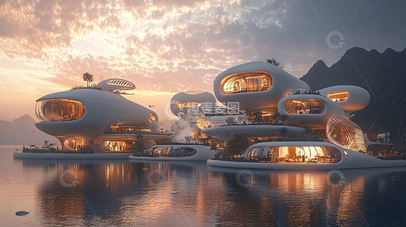 高清大图下载【趣麦麦图】未来科技感水上别墅