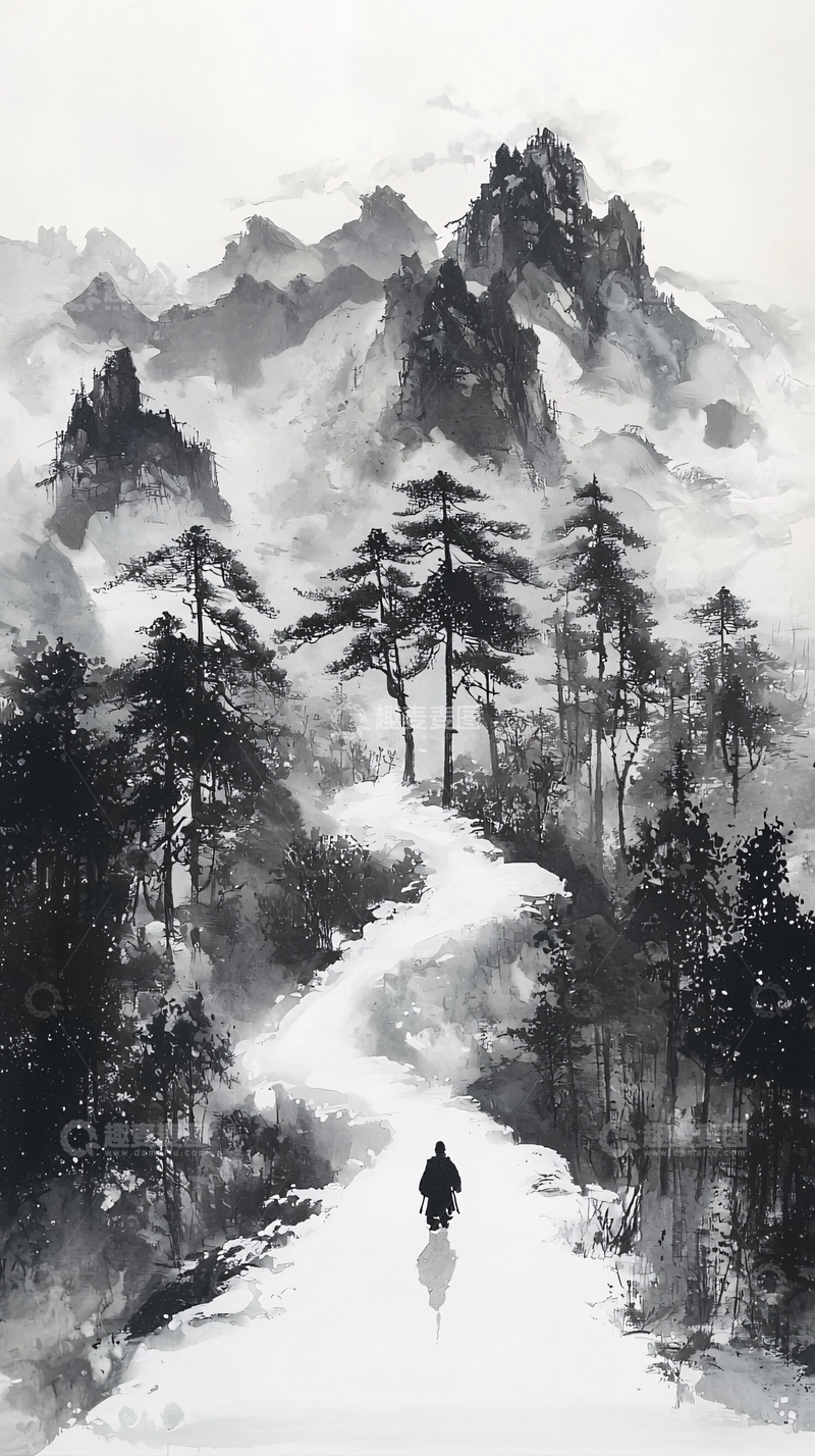 高清大图下载【趣麦麦图】水墨山水人行路