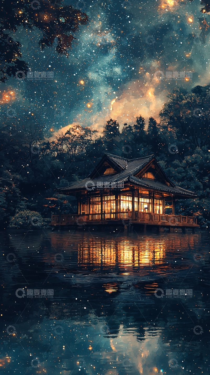 高清大图下载【趣麦麦图】星空下的日式小屋