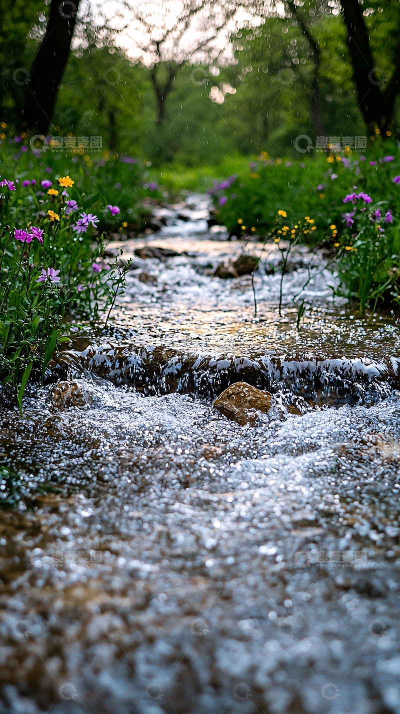 高清大图下载【趣麦麦图】溪流穿过鲜花盛开的草地