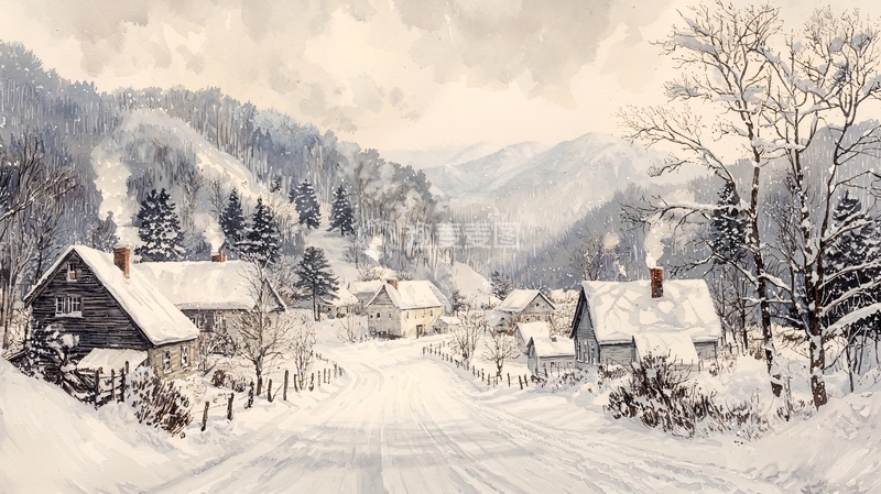 高清大图下载【趣麦麦图】冬季雪景村庄