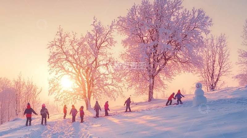 高清大图下载【趣麦麦图】冬日雪景人物日出