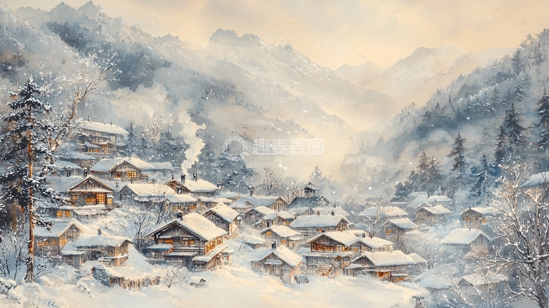 高清大图下载【趣麦麦图】雪山村庄水彩画
