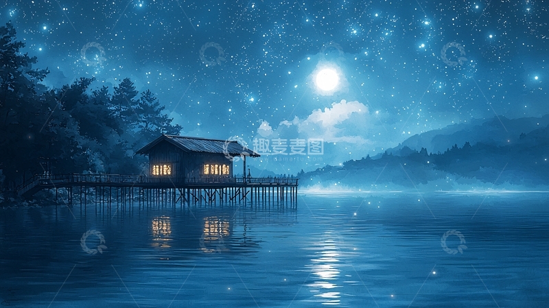 高清大图下载【趣麦麦图】星空下的湖边小屋