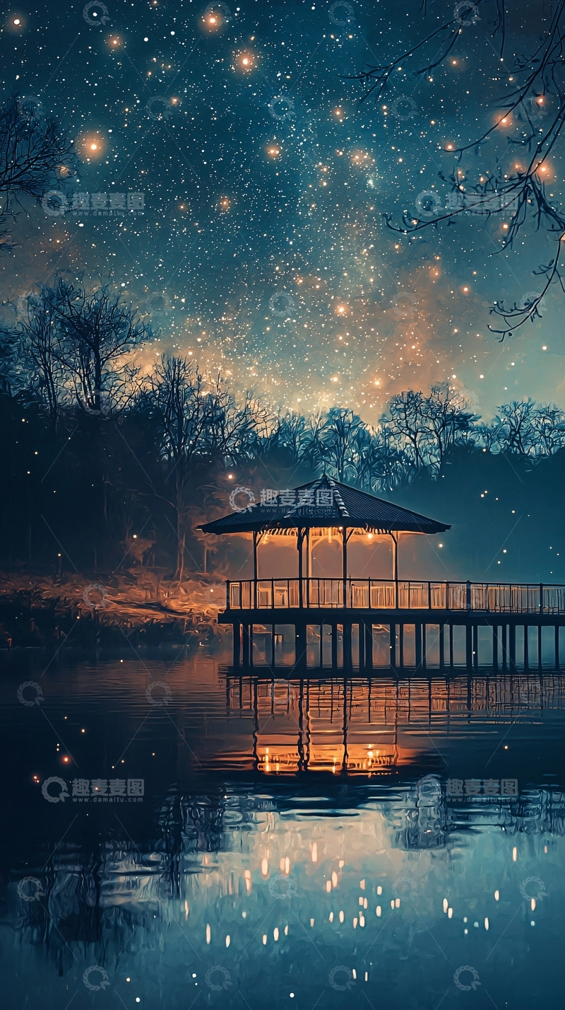 高清大图下载【趣麦麦图】星空下的湖边亭台