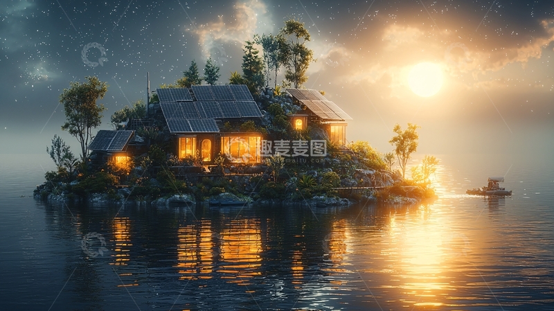 高清大图下载【趣麦麦图】孤岛小屋日落景色