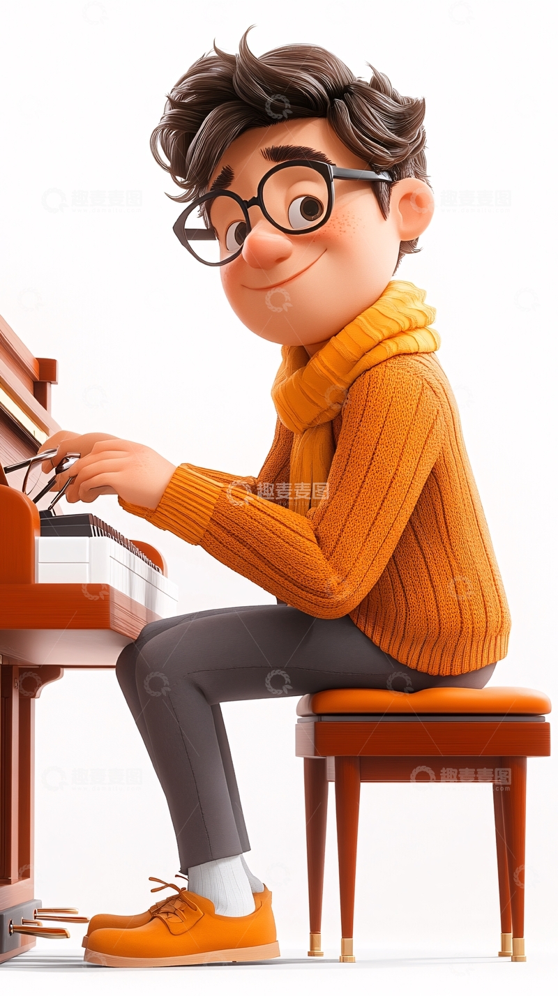 高清大图下载【趣麦麦图】戴眼镜男孩弹钢琴