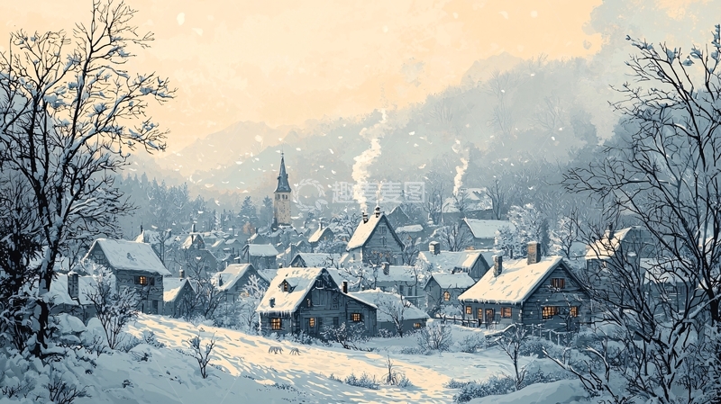 高清大图下载【趣麦麦图】冬日雪景下的村庄