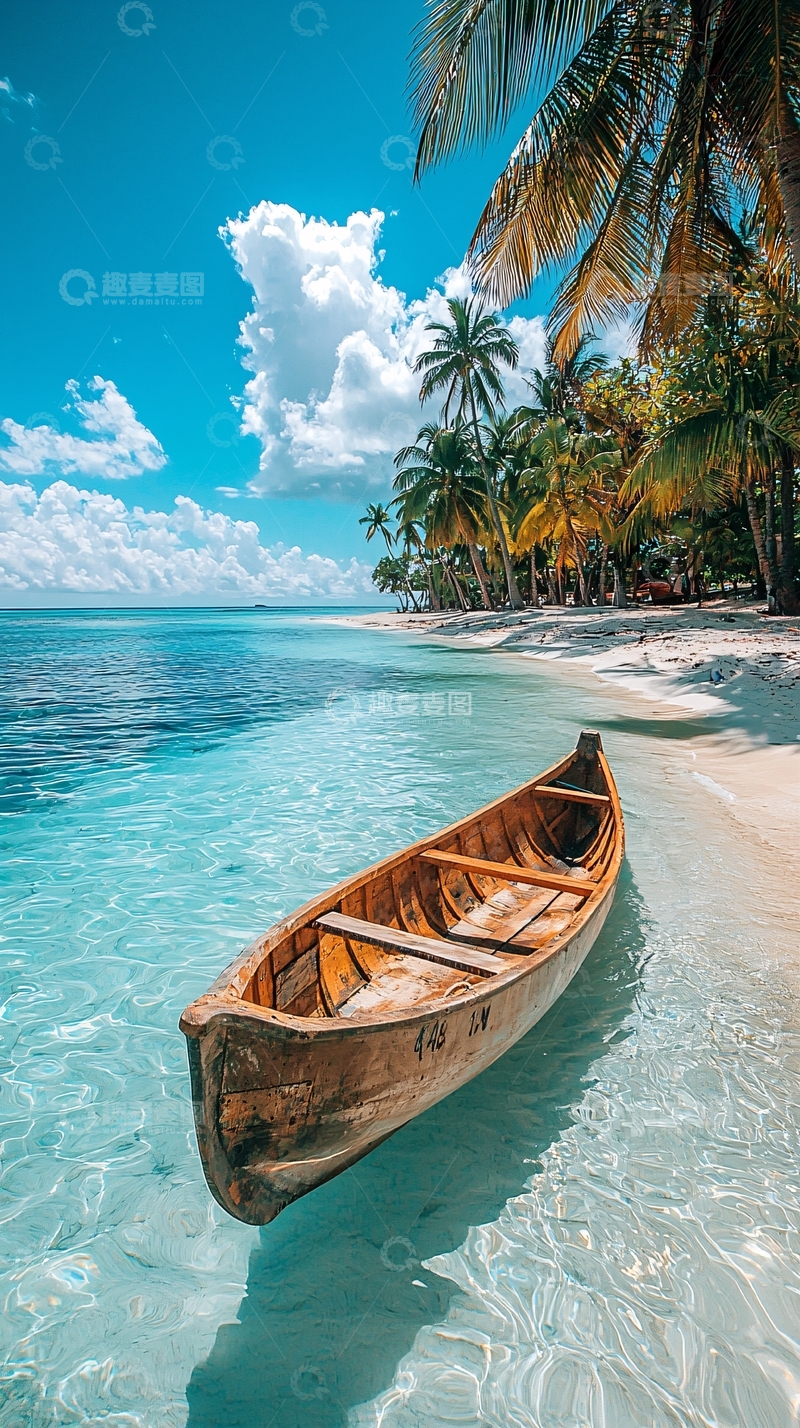 高清大图下载【趣麦麦图】热带海滩上的独木舟