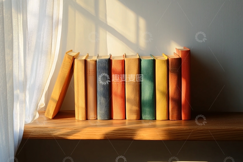 高清大图下载【趣麦麦图】阳光下窗边的一排书籍