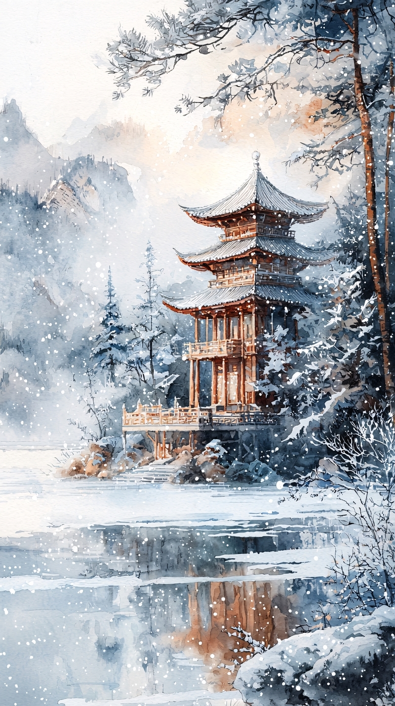 高清大图下载【趣麦麦图】水墨风雪景中的宝塔