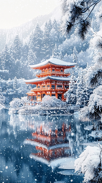 雪景中的日式宝塔