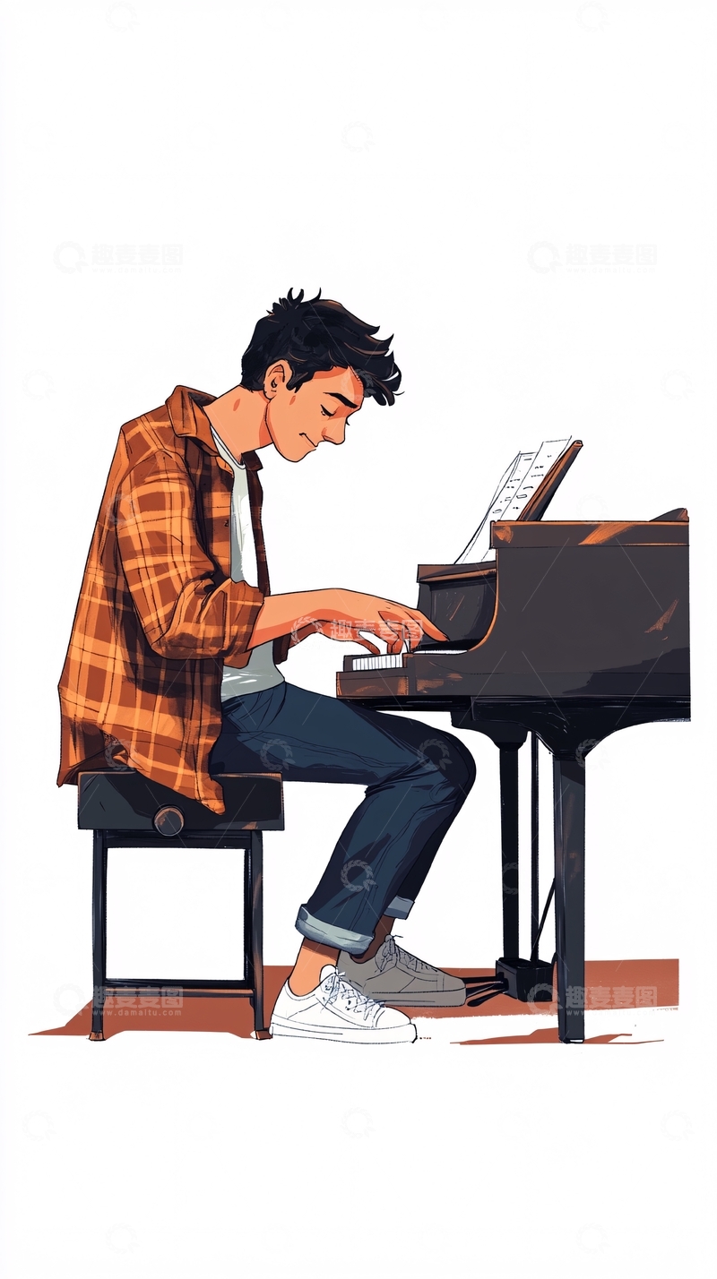 高清大图下载【趣麦麦图】弹钢琴的男孩插画