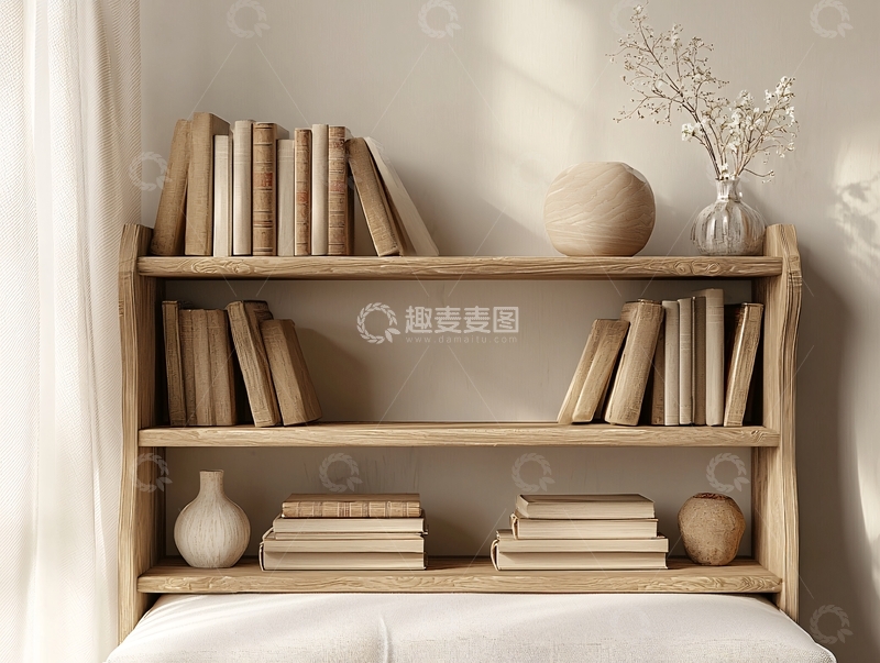 高清大图下载【趣麦麦图】米色书架上的书籍与装饰