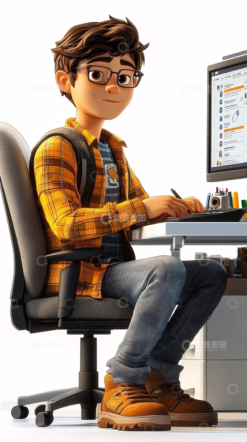 高清大图下载【趣麦麦图】戴眼镜的卡通男孩办公