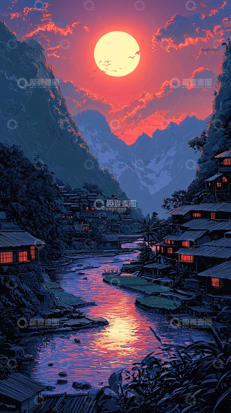 高清大图下载【趣麦麦图】山谷小镇的唯美日落