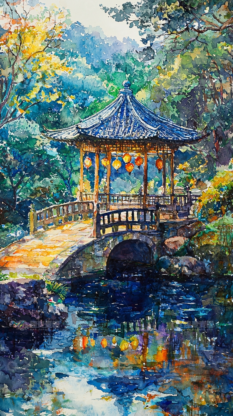 高清大图下载【趣麦麦图】小桥流水亭台楼阁的画作