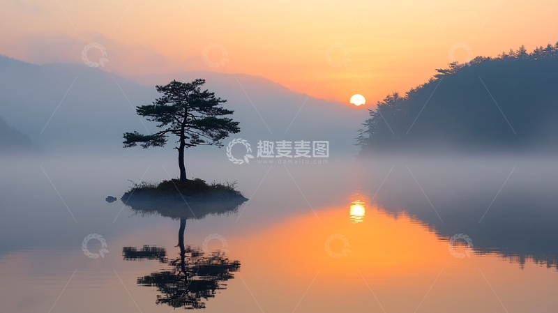 高清大图下载【趣麦麦图】湖边孤树日出