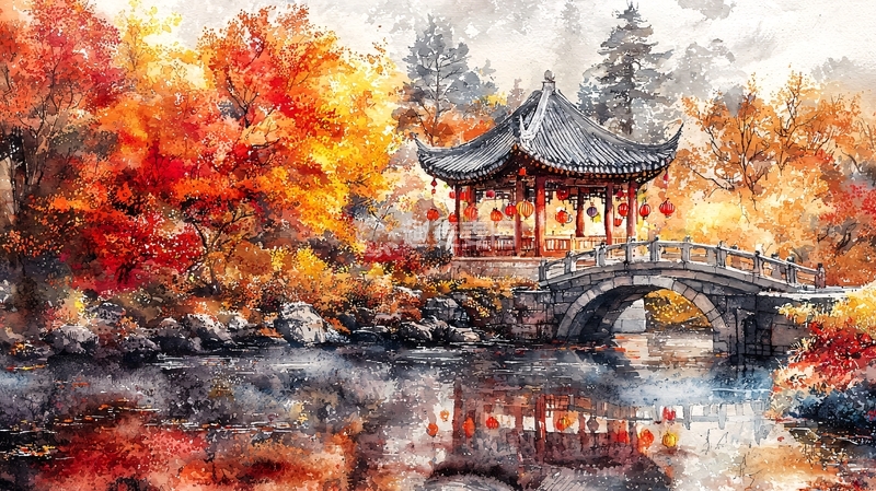 高清大图下载【趣麦麦图】秋日红叶古桥园林景色