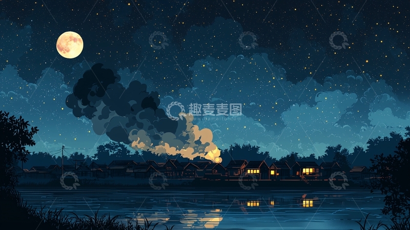高清大图下载【趣麦麦图】宁静夜晚的湖边小屋