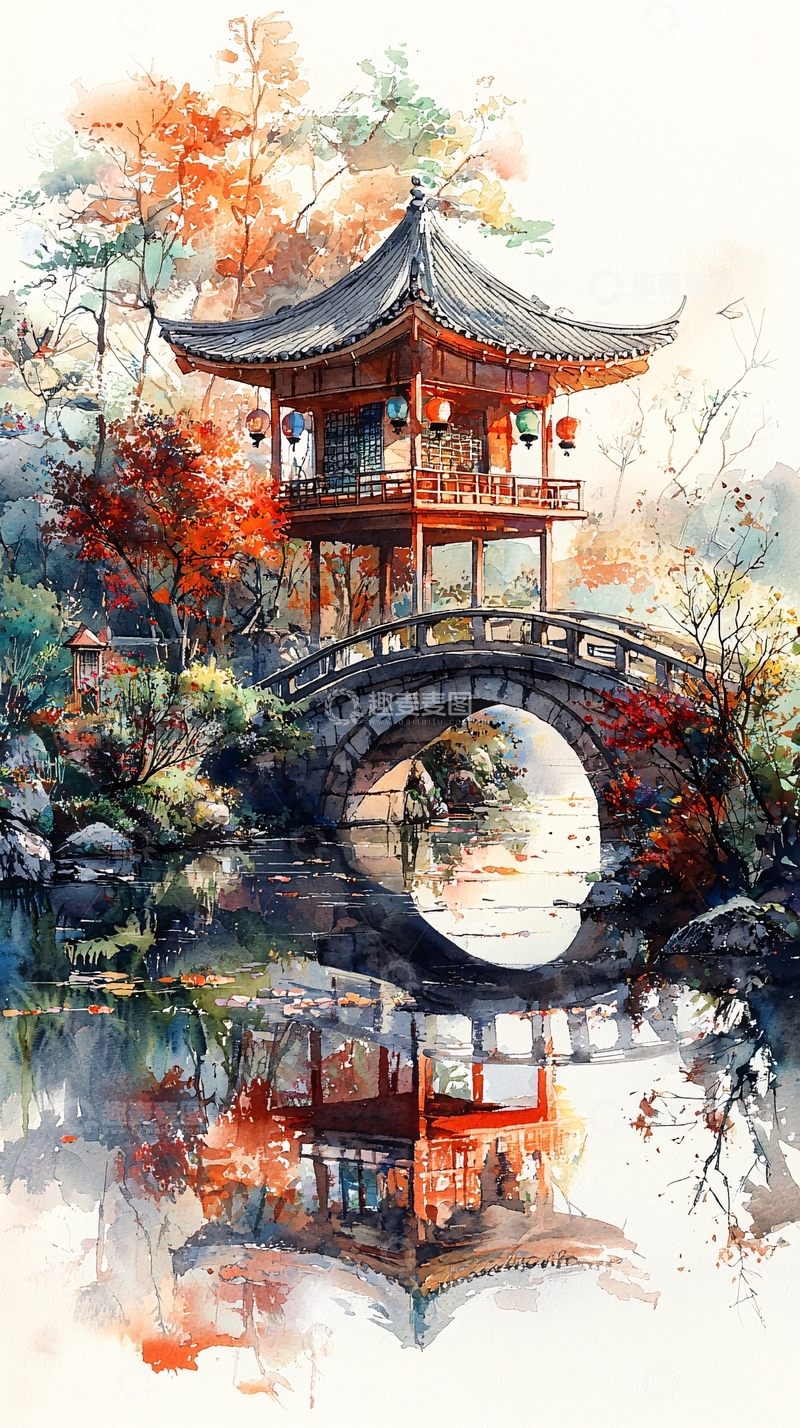 高清大图下载【趣麦麦图】秋景园林水墨画