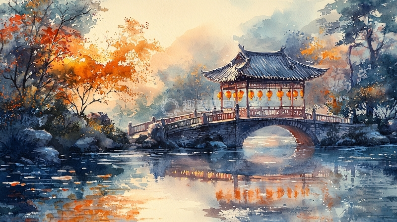 高清大图下载【趣麦麦图】秋日古桥水墨画