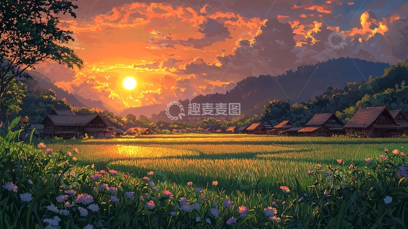 高清大图下载【趣麦麦图】夕阳下的田园风光