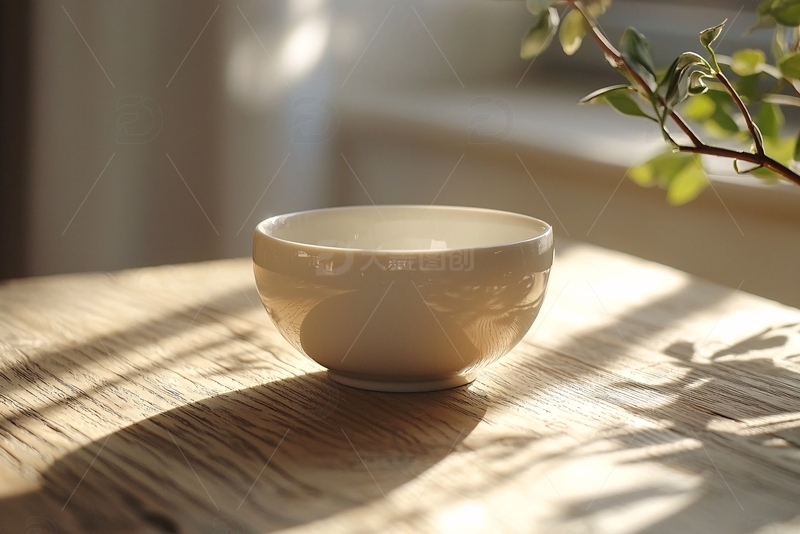 高清大图下载【趣麦麦图】阳光洒在木桌上的白瓷小碗