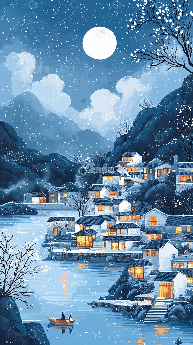 高清大图下载【趣麦麦图】雪夜村庄宁静温馨